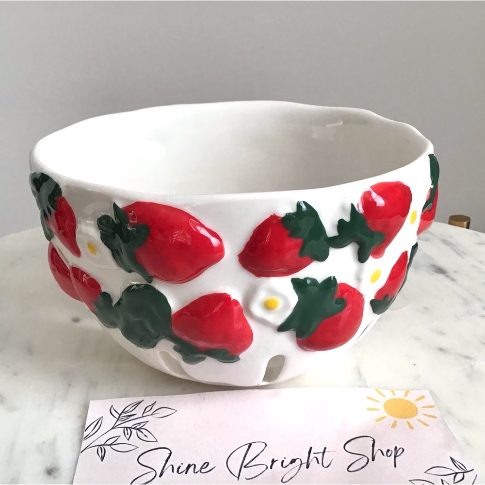 Anthropologie Handpainted Glazed Stoneware Berry Basket Fruit Basket NWT